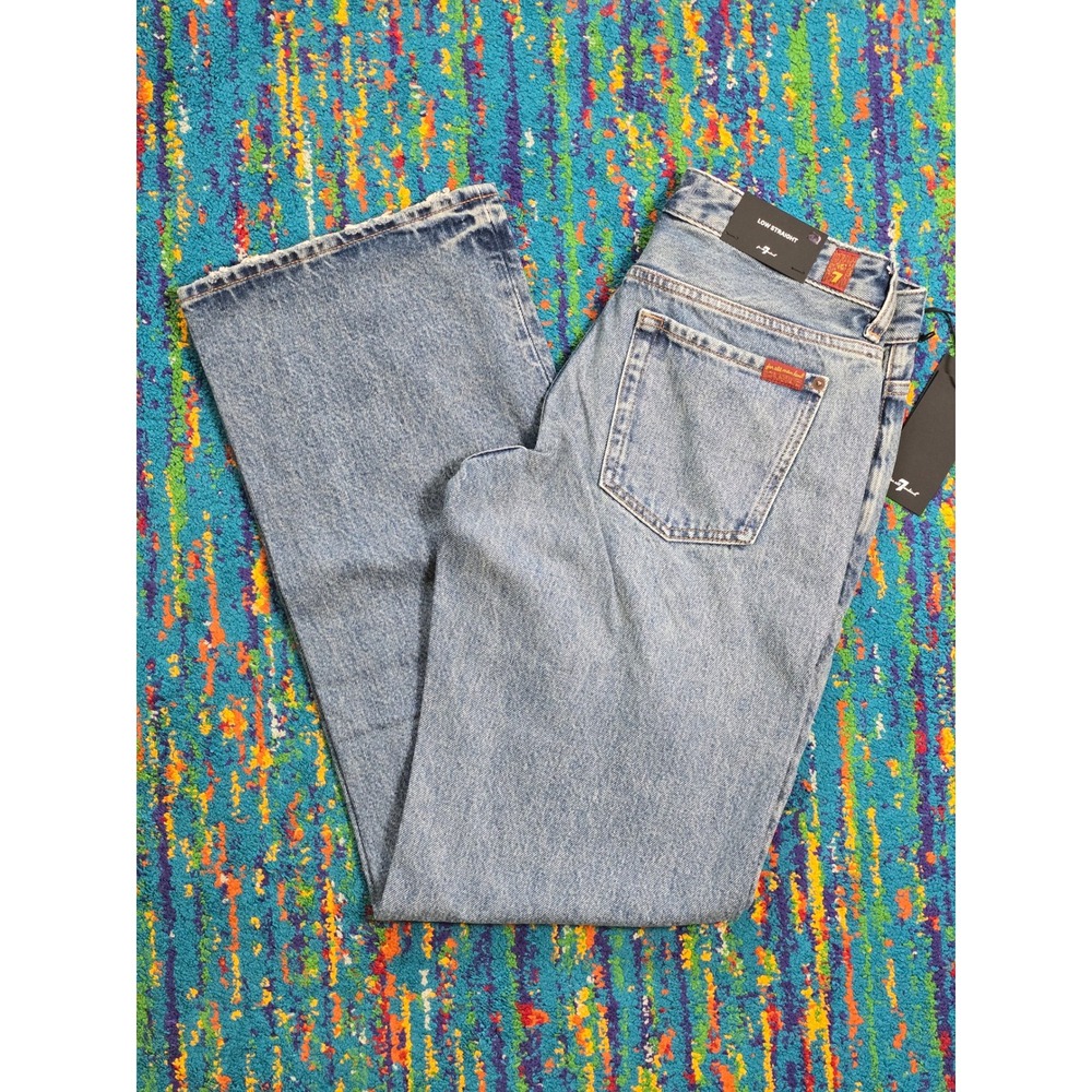 NWT 7 For All Mankind Low Straight Jeans Blue Wave‎ Distressed Size 27 x 33L